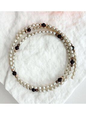 Rice Pearl & Red and Gold Beaded Vintage Triple Wrapped Stranded Bangle Bracelet